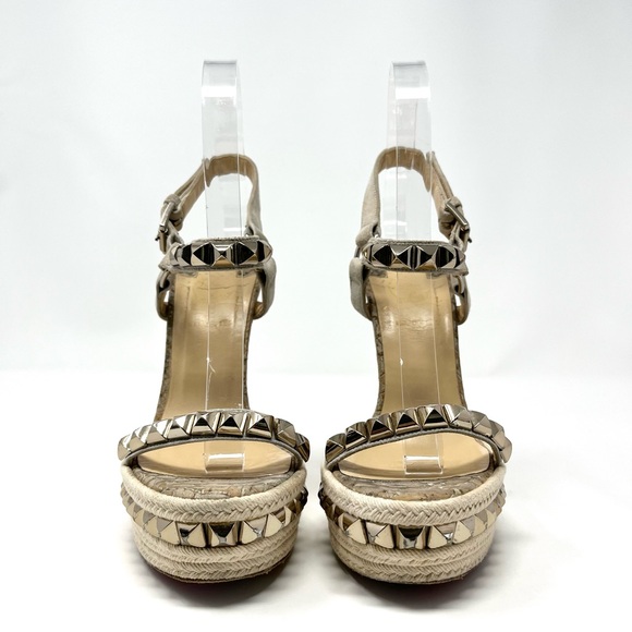 Christian Louboutin espadrille sandals wedge heels snake 37  Christian Louboutin Neutral Snake-Effect Studded Espadrille Wedge Sandals